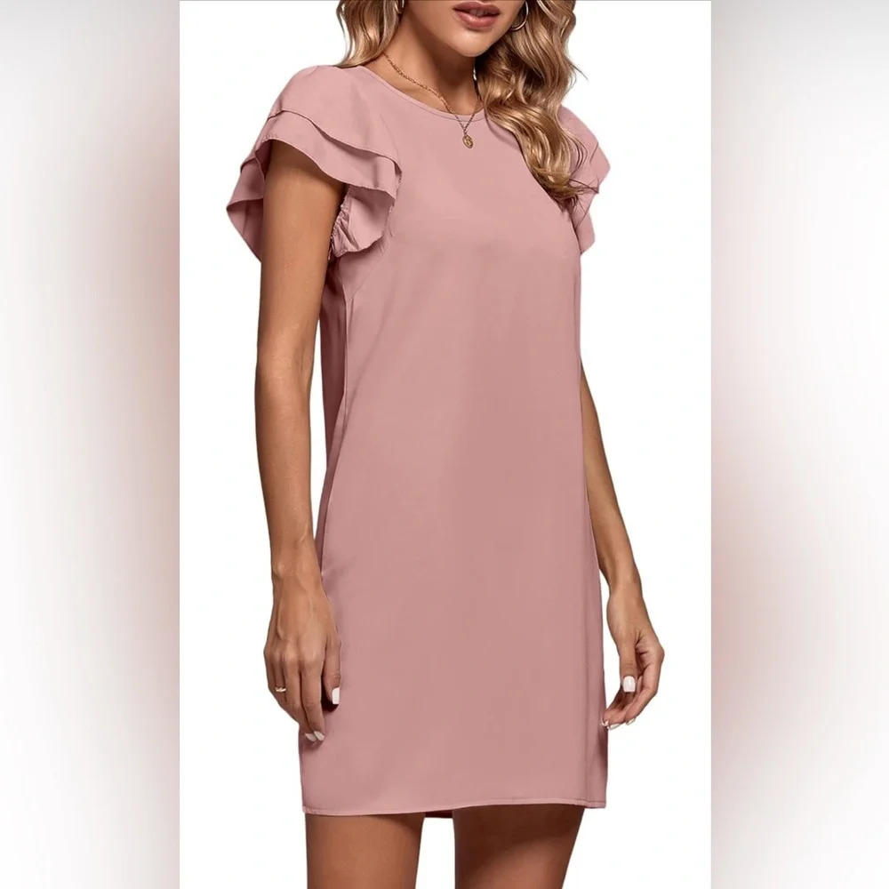 Women's Pink Ruffle Tiered Short Sleeve Crewneck Elegant Mini Dress
